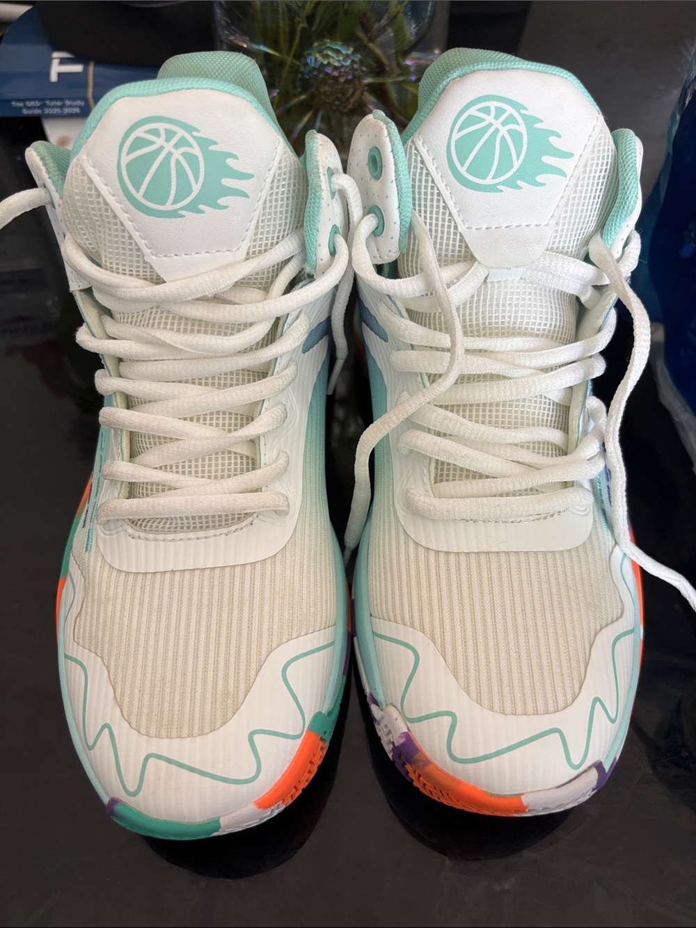 Kids White & Mint Basketball Shoes - Youth Athletic Sneakers